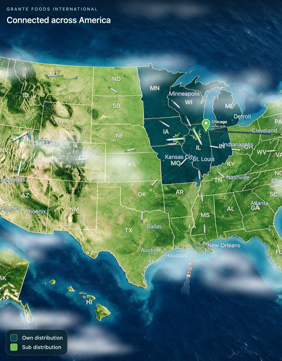 Map of the USA: Grante Foods ships from its Chicago hub by truck, train, ship and plane